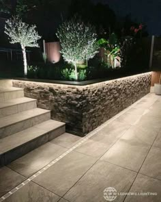 an outdoor area with stone steps and trees at night, lit up by led lights