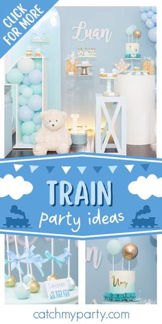 a blue and white train themed party with balloons, cake, decorations and teddy bear