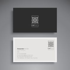 a business card with a qr code on the front and bottom, in black and white