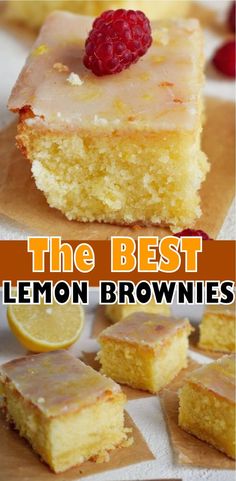 the best lemon brownies with raspberries on top and in the background, there are