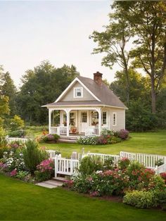 a small white house surrounded by lush green grass and flowers in the front yard, with a picket fence surrounding it