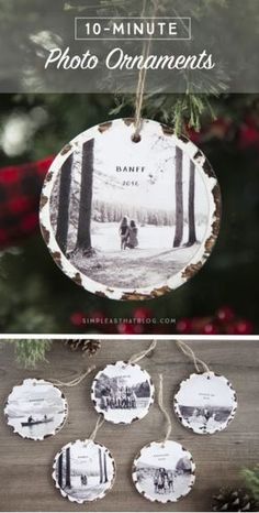 christmas ornament hanging from a tree with the words 10 - minute photo ornaments on it