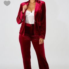 Gorgeous 2 Piece Pants Set. Chic Red Sets For Fall, Chic Red Fall Sets, Chic Red Sets For Night Out, Elegant Burgundy Pants For Spring, Elegant Red Pantsuit With Straight Pants, Red Fitted Straight Pantsuit, Boss Chic, Suede Blazer, Velour Fabric