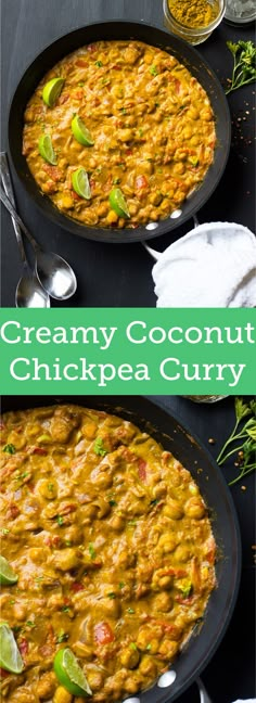 two pans filled with creamy coconut chickpea curry on top of a table