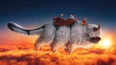 two people riding on the back of an animal in the sky with clouds and sun behind them