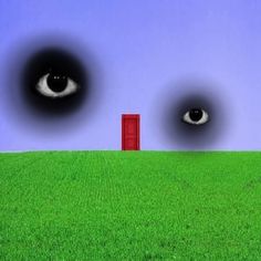 three eyes are seen in the sky over a green field with a red box on it