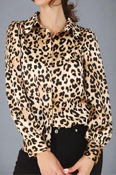 Satin Leopard Blouse - Premium variable from Tooksie - Just $29.99! Shop now at Tooksie Chic Leopard Print Blouse For Fall, Trendy Long Sleeve Leopard Print Blouse, Leopard Print Blouse For Fall, Chic Leopard Print Long Sleeve Tops, Chic Long Sleeve Leopard Print Top, Spring Leopard Print Workwear Blouse, Elegant Leopard Print Blouse For Spring, Chic Leopard Print Party Top, Chic Leopard Print Top For Party