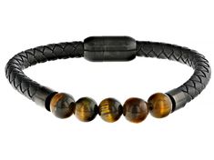 Artisan Collection of Ireland™ Round Tiger's Eye Celtic Braid Leather Bracelet. Measures Approximately 8"L x 0.38"W. Magnetic Closure. Celtic Braid, Bracelet Materials, Braided Leather Bracelet, Men's Bracelet, Wrist Cuffs, Tiger's Eye, Braided Leather, Magnetic Closure, Tiger Eye