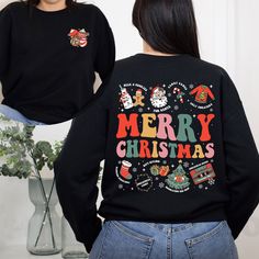 Merry Christmas Sweatshirt, Retro Christmas Shirt, Funny Santa Claus Shirt, Christmas Era, Holiday Xmas Gift, Christmas Vibes Shirt Note: For Different Color From Colors List Please "Message us or leave a note" MATERIAL UNISEX T-SHIRT - Medium fabric (5.3 oz/yd² (180 g/m - Classic fit - Runs true to size - 100% cotton (fiber content may vary for different colors) - Tear-away label UNISEX SIZING CHART Small: Length 28" - Width 18" (4-6) Medium: Length 29" - Width 20" (6-10) Large: Length 30" - Width 22" (10-14) XL: Length 31" - Width 24" (14-18) 2XL: Length 32" - Width 26" (18-20) 3XL: Length 33" - Width 28" (20-22) All measurements are approximations. Shirts may be within 1" of the dimensions listed The shirts were measured laying on a flat surface, side to side and top to bottom. HOW TO P Christmas Graphic Print Holiday Sweatshirt, Christmas Graphic Print Sweatshirt, Black Christmas Sweatshirt, Retro Christmas Shirt, Christmas Shirt Funny, Funny Santa Claus, Funny Santa, Merry Christmas Gifts, Christmas Vibes