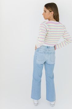 multicolor stripes // working buttons, long sleeves, cropped paired with our june set tank + about time denim model is 5'6" + wearing a small measurements are approximate + taken while laying flat small : bust 40” length 15” medium : bust 42” length 15.5” large : bust 44" length 16" more fit + fabric info : cotton, acrylic // fabric has a lot of stretch // fits true to size More Than Friends, Acrylic Fabric, About Time, Large Bust, Small Bust, Sale Items, Final Sale, Stripes, Long Sleeves