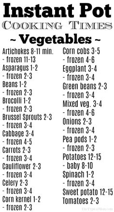 the instructions for how to make instant pot cooking times printables are shown in black and white