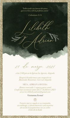 an elegant wedding card with gold foil and black watercolor on the front, in spanish