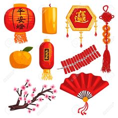 chinese new year's decorations and symbols on white background stock photo