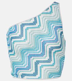 One-shoulder lamé crop top in blue - Missoni | Mytheresa Spring Knits, Spring Bags, Europe Summer, Blue Tones, Color Names, Summer 2024, Missoni, Luxury Lifestyle, Dream Closet