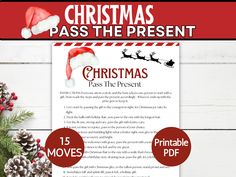 christmas pass the present with santa hat and pine cones on white wooden background, free printable