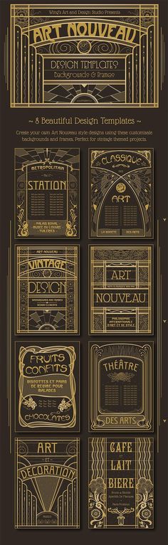 a set of gold and black art nouveau banners