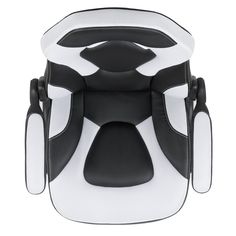 an office chair with black and white leathers on the back, viewed from above