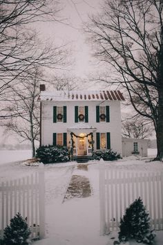 a white house with green shutters and trees in the front yard covered in snow