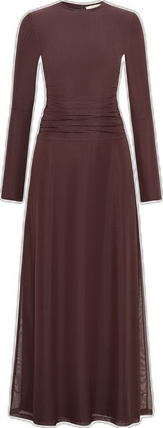 Adelina Rouched Mesh Maxi Dress - Chocolate Plum Clothing Veiled Brown Pleated Evening Dress, Brown Fitted Dress With Surplice Neckline, Elegant Brown Ruched Midi Dress, Formal Brown Ruched Midi Dress, Elegant Brown Pleated Midi Dress, Figure Flattering Dresses, Mesh Maxi Dress, Cuff Sleeves, Chocolate Brown