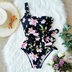 Buy More! Save More! Black Floral Print Swimwear For Spring, Spring Printed Black Swimwear, Spring Black Printed Swimwear, Black Floral Print Swimwear For Party, Floral Print Beachwear One-piece For Beach Season, Black Floral Print Swimwear, Black One-piece Swimwear With Floral Print, White One-piece Swimwear With Tropical Print, Sleeveless Floral Print Beachwear One-piece