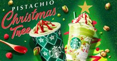 two starbucks cups with christmas tree toppings on them