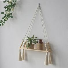 a wooden shelf with plants and beads hanging from it's sides on a wall