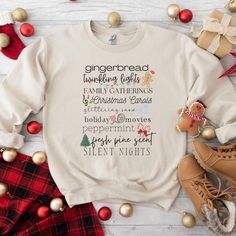 🎄❄️ Get cozy this holiday season with our favourite Christmas things sweatshirt! This cute women's holiday crewneck features festive and nostalgic Christmas traditions, perfect for adding a little cheer to your winter wardrobe. A thoughtful gift for teachers or anyone who loves a cozy winter pullover, it's the perfect way to spread holiday spirit while staying warm. Ideal for layering or lounging, this is your go-to sweater for a cute and comfy Christmas look! 👕 Ideal for any situation, a unis Holiday Crewneck, Comfy Christmas, Nostalgic Christmas, Word Shirts, Tshirt Business, Christmas Words, Christmas Favorites, Christmas Things, Winter Pullover