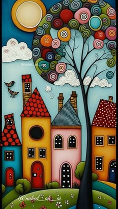 a painting with houses and trees on it