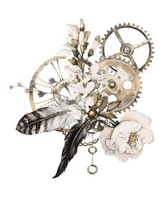 a clock with flowers and feathers attached to it