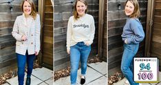 three photos of two women standing in front of a wooden fence, one smiling and the other looking at the camera