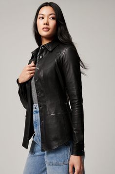 Fitted Leather Jacket With Button Closure For Fall, Fitted Luxury Leather Jacket With Concealed Placket, Sleek Leather Jacket With Concealed Placket, Luxury Fitted Leather Jacket With Concealed Placket, Sleek Fitted Leather Jacket With Concealed Placket, Button-up Leather Jacket, Sleek Leather Jacket With Hidden Buttons, Sleek Leather Jacket With Hidden Button Closure, Spring Leather Jacket With Concealed Placket