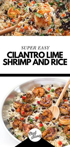 shrimp and rice in a pan with the title super easy clamtro lime shrimp and rice