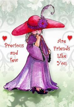 a painting of a woman in a purple dress and pink hat with words on it