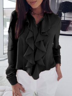 New Spring Summer Long Sleeve Shirt Women's V-neck Ruffle Cardigan Top Temperament Commuter Women Shirts Long Sleeve Blouse V Neck Blouses, Long Sleeve Summer Shirts, Plain Shirts, Cardigan Top, Womens Long Sleeve Shirts, Chiffon Shirt, Women Shirts Blouse, Chiffon Blouse, V Neck Blouse