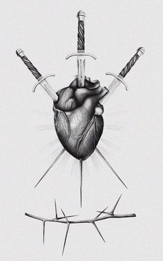 a drawing of a heart with two swords sticking out of it