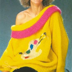 Introducing this fabulous 80s oversized and off-the-shoulder sweater knitting pattern! Embrace the nostalgia and show off your love for the painters' vibe eighties with this one-of-a-kind pattern that captures the essence of 80s style perfectly. Whether you're a beginner or an advanced knitter, grab your needles, and dive into this delightful pattern that celebrates the iconic trends of the 80s! Size: bust/chest 32" -34" (36" - 38") length 28 1/2" sleeve 19 1/2" For all the electric 80s knit pat Pull Mohair, Intarsia Knitting, Mohair Jumpers, 80s Sweater, Pull Oversize, Vintage Pullovers, Vintage Knitting Patterns, Off Shoulder Sweater, Mohair Sweater