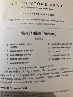 the menu for sweet onion dressing