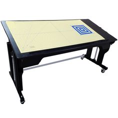 a black and yellow table with wheels on the bottom is shown in front of a white background