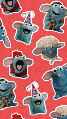 several stickers with the faces of characters from sesame and friends on them, all wearing party hats