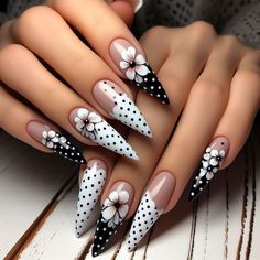 Get trendy with these polka dot black and white nails featuring cute floral designs. Perfect for any occasion! #nails #floral #blacknails #nailart #manicure #polkadots Fish Nail Designs, Cute And Easy Nails, Nail Inspo Acrylic, Acrylic Nail Ideas, Dot Nail Designs, Art Deco Nails, Punk Nails, Professional Manicure, Nail Drills