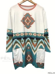 Peilia - Womens Western Style Geometric Print Crew Neck T-Shirt: Casual Pocket Long Sleeve for Spring & Fall, Fashion Apparel White Crew Neck Top With Geometric Pattern, White Geometric Pattern Crew Neck Top, Layered Blouse, Ruffled Sleeves, Pattern Blocks, Western Style, Spring And Fall, Geometric Print, Fall Fashion