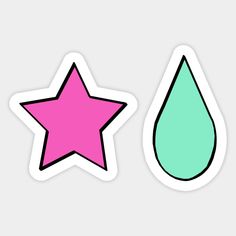 two stars and a water drop sticker on a white background, one pink and the other green