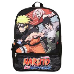 Show off your love for your favorite anime cartoon with this stylish Naruto anime character print orange & black 5-piece backpack accessory set! The Naruto anime cartoon fan accessory set is a 5-piece backpack and bag set made of 600D, PVC, and a 210D Nylon Lining. The Naruto bag fan accessory set includes an adjustable strap backpack, insulated lunch box, carabiner, rubber molded keychain, and a utility bag. The Naruto anime cartoon fan merchandise set features bold Naruto character print desig Black Rectangular Bag With Anime Print, Black Backpack For Cosplay, Anime Style Black School Bag, Black Cartoon Backpack For Students, Black School Bags With Anime Print, Cartoon Black School Bag, Black Cartoon Bags For School, Cartoon Style Black School Bag, Anime Print Bags For Cosplay