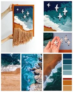 there are many different pictures with birds flying over the water and sand on the beach