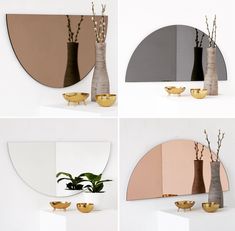 four different mirrors with vases and plants in them