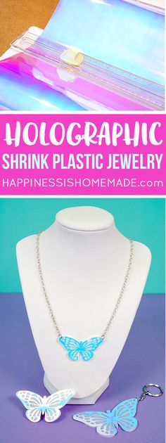 a necklace with butterflies on it and the words, holographic shrink plastic jewelry