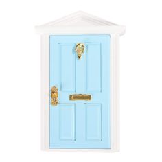 a blue and white door with two golden handles on the top, against a white background