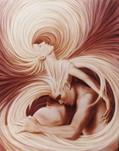 a painting of two people in front of a swirly orange and white background with the image of a woman holding a baby