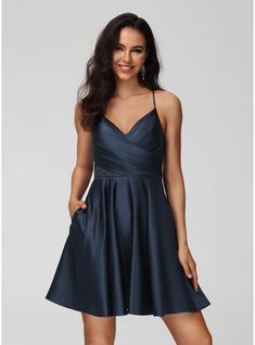 JJ's House Pleated Satin V-Neck <=100 Fall Spring Summer Winter A-line General Plus Crossed Straps Skater Dresses Simple Dark Navy Height:5.8ft（176cm） Bust:32in（82cm）Waist:24in（61cm）Hips:35in（89cm） No Short Blue Model Name:Katy  Height:5.7ft（173cm）  Bust:40in（101cm）. #JJ's House #Pleated #Satin #VNeck #<=100 #Fall #Spring #Summer #Winter #Aline #General #Plus #CrossedStraps #SkaterDresses #Simple #DarkNavy #No #Short #Blue Mini Homecoming Dresses, Dresses Satin, Satin Homecoming Dress, Prom Dresses Two Piece, Two Piece Homecoming Dress, Satin Short, Lace Homecoming Dresses, Plus Size Prom Dresses, Lace Mermaid Wedding Dress