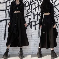 This Gothic Long Skirt is perfect with a pair of wide-leg pants or just with the tights and I am sure you will make heads turn wherever you go. You can wear Attractive Ruffle Bottom Wear For Women for your evening out, shopping trip, or even to your office. The main feature of this skirt is its long length which makes it look elegant and classy. The ruffles are light and airy so they flow nicely as you walk. This party skirt can be dressed up or down--it's your choice! Please check out our size Spring Punk Style Stretch Skirt, Punk Wide Leg Bottoms For Winter, Gothic Skirt For Winter, Gothic Black Bottoms For Spring, Trendy Skirt For Alternative Fashion, Trendy Bottoms For Alternative Fashion Skirt, Casual Black Maxi Skirt For Winter, Gothic Winter Skirt, Trendy Long Skirt For Winter